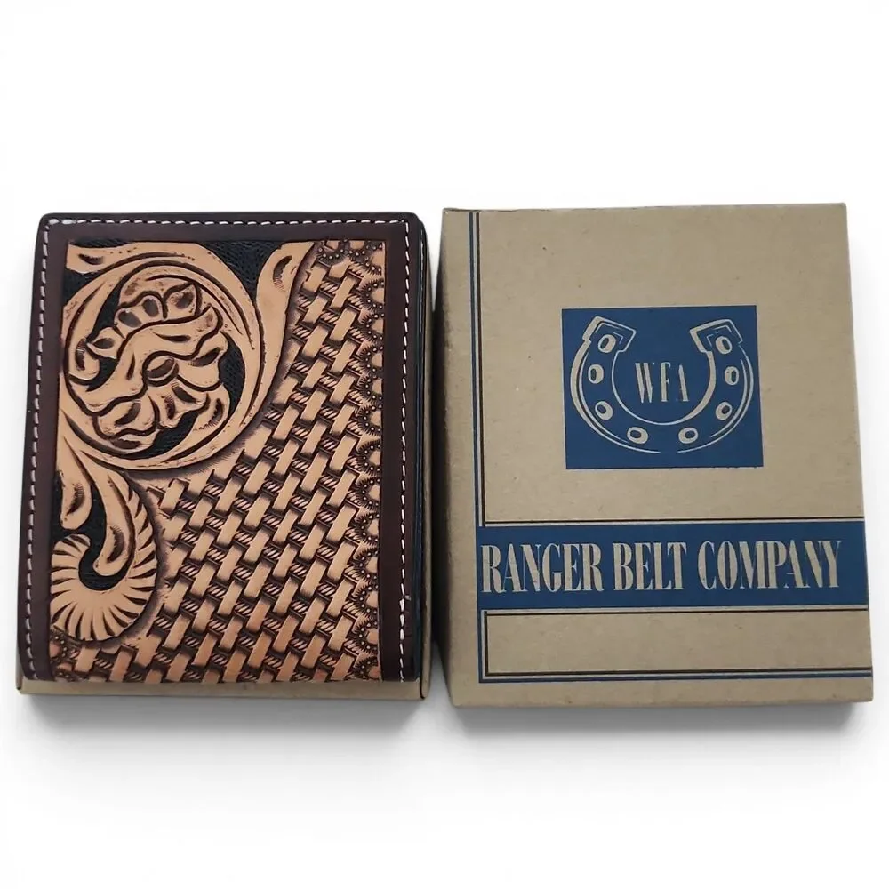 Ranger Belt Co H-306B Tooled Leather Bifold Wallet Basketweave Floral Brown NWT